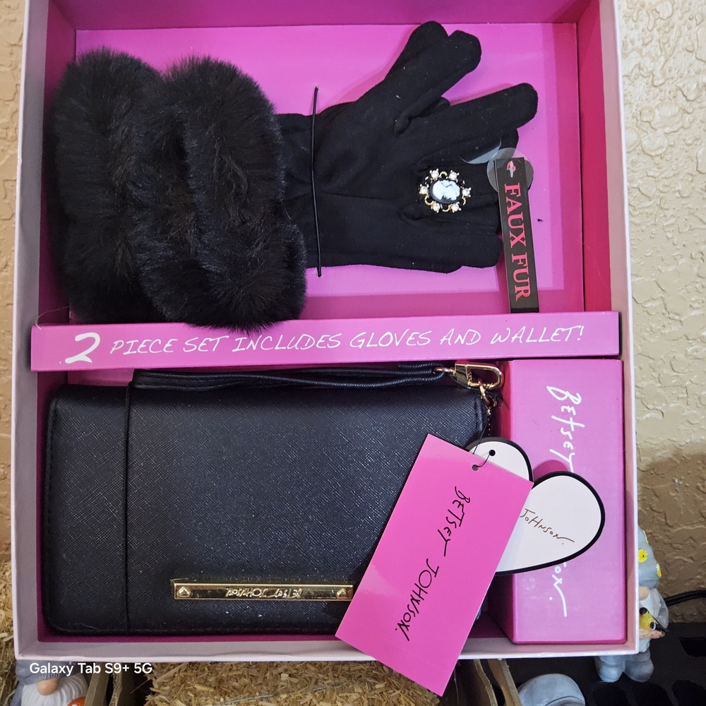 Betsey Johnson Black Gloves and Wallet Set with Gold Accents